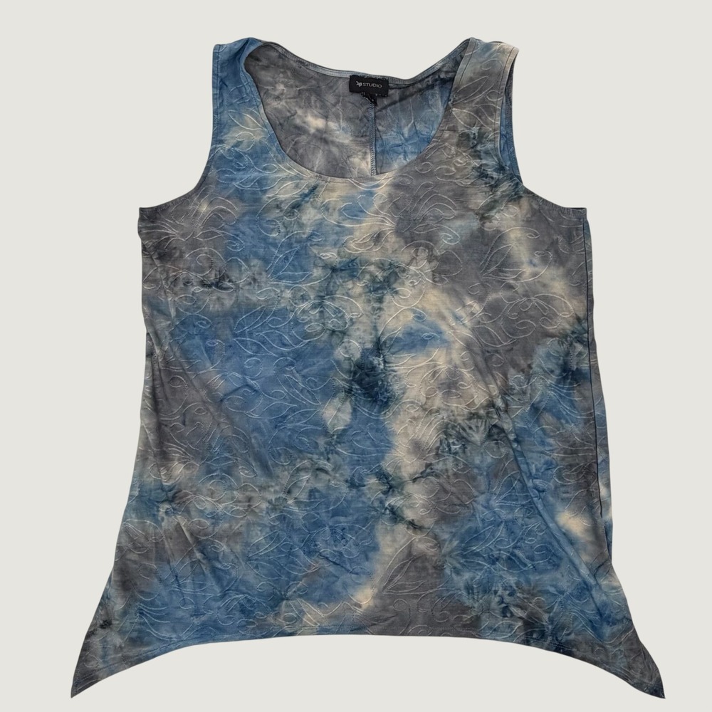 AB Studio Womens XL Blue Tie Dye Embroidered Sharkbite Hem Tank Top 0448U43